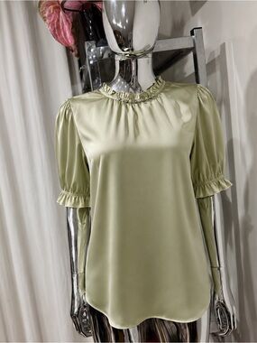 New Real Silk Life 100% Mulberry Silk Blouse XL Green Beaded Puff Sleeve